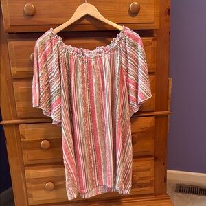 CJ Banks Pink and White Flutter Sleeve Blouse